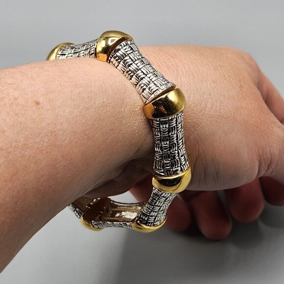Joan Rivers Stretchy Bangle Silver + Gold Tone Basketweave Chunky One Size - Picture 6 of 7